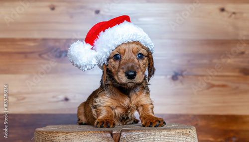 Cute brown puppy wearing red Santa hat on wooden stool in cozy rustic interior, festive joyful expression and wet fur creating heartwarming holiday scene