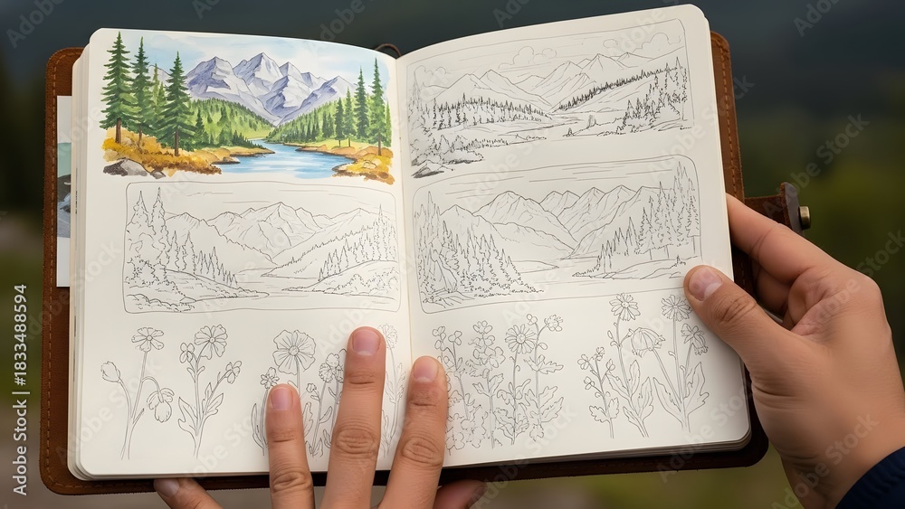 Obraz premium Hands holding a travel notebook open with nature sketches, blurred background.no animal