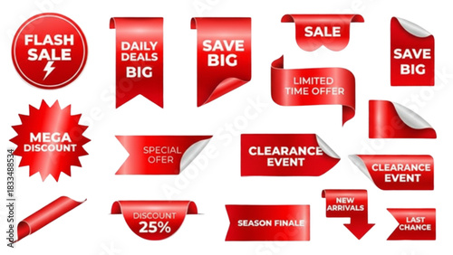 Red sale tag vector set for promotion marketing flash sale discount offer clearance event last chance save big 25 percent