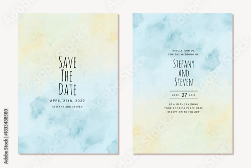 Wedding invitation abstract yellow blue watercolor background