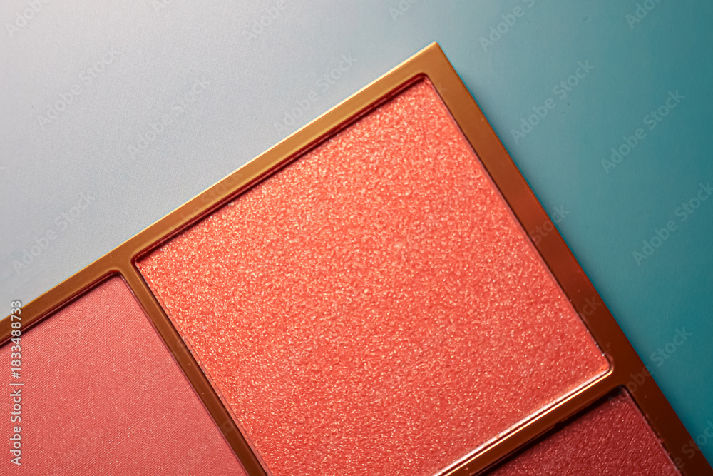 Fototapeta premium Makeup palette featuring shimmering coral and matte pink eyeshadows and blush for beauty looks
