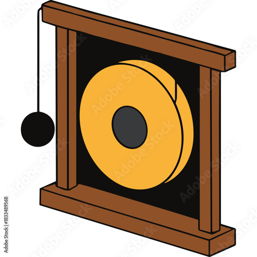 Golden Circular Gong Suspended In A Rustic Wooden Frame With A Striker Object On The Left Side Traditional Musical Instrument Object Isolated On Black Background Flat Design Style