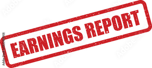 A distressed red rubber stamp featuring the words earnings report in a bold uppercase font on a clean surface
