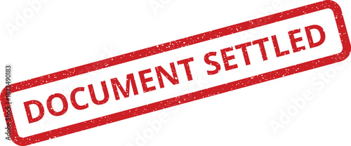 A grunge textured rectangular stamp impression with DOCUMENT SETTLED in capital letters for official status