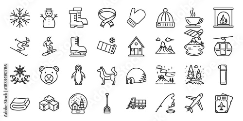 Holiday winter icon set vector outline for ecommerce and online shopping, containing snowflake, snowman, winter boots, scarf, beanie, hot drink, fireplace, plane, ski, brand loyalty, impulse buying 