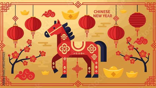 Traditional Chinese New Year Decorations Featuring a Festive Horse and Red Lanterns