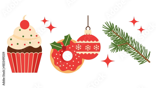 Festive holiday treats and decorations, including a cupcake, donut ornament, and pine branch, perfect for Christmas and winter celebrations