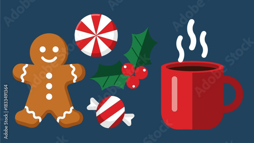 Festive holiday treats including a gingerbread man, peppermint candies, holly sprig, and a steaming mug of hot cocoa on a dark blue background, perfect for seasonal celebrations and winter promotions