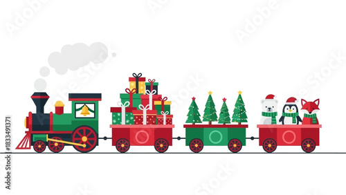 Festive Christmas Train Loaded with Gifts and Evergreen Trees, Delivering Holiday Cheer and Seasonal Joy to All