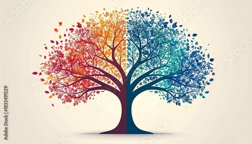 Abstract Tree Illustration with Contrasting Warm Red and Cool Blue Leaves Symbolizing Duality and Balance