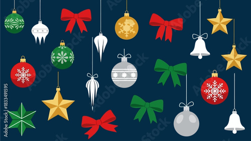 Festive Christmas ornaments and bows collection, perfect for holiday decoration and winter celebrations