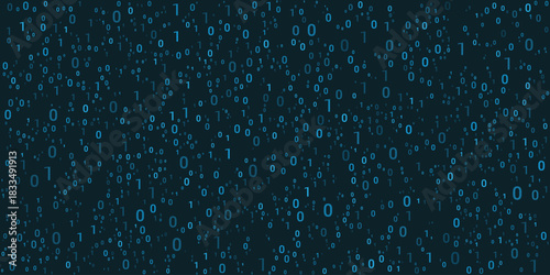 Digital binary code streams with glowing blue digits on a dark background