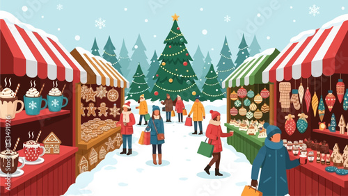Festive winter market scene with decorated trees, stalls selling goods, and people enjoying the holiday atmosphere in a snowy landscape