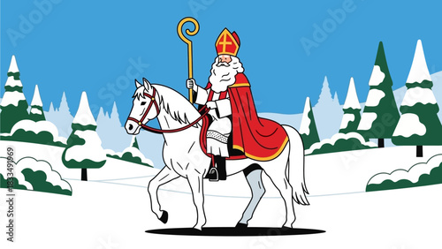 Saint Nicholas on Horseback in a Snowy Winter Landscape