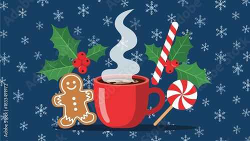 Festive Hot Chocolate and Christmas Treats on a Snowy Winter Background with Holly and Candy Canes