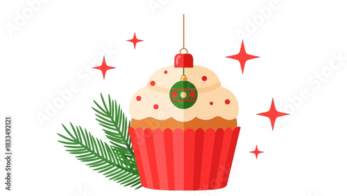 Festive Christmas cupcake with pine branches and sparkling lights, a delightful holiday treat perfect for celebrations