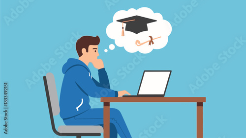 Student thinking about graduation while studying on a laptop with a diploma and graduation cap in thought bubble