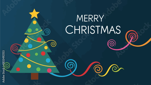 Festive Christmas Tree Illustration with Swirls and Stars Wishing Merry Christmas