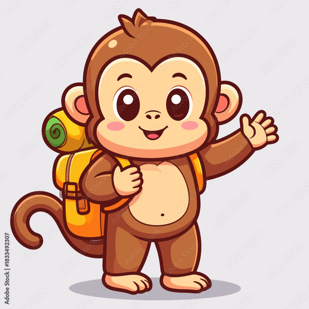 Obraz premium Cute monkey hiking with backpack cartoon vector icon illustration animal holiday isolated flat