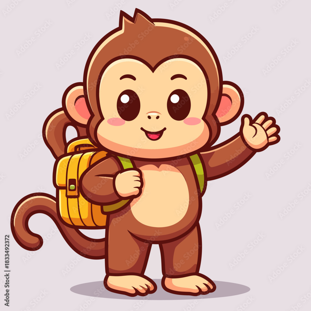 Obraz premium Cute monkey hiking with backpack cartoon vector icon illustration animal holiday isolated flat
