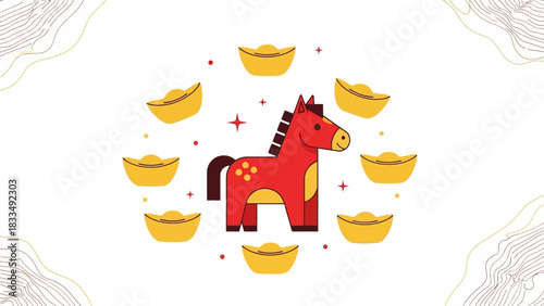 Vibrant illustration of a red horse surrounded by gold ingots, symbolizing prosperity and good fortune, perfect for Chinese New Year celebrations