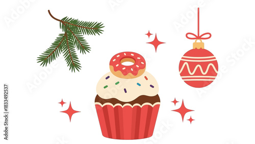Festive Christmas elements including a decorated cupcake, fir branch, and ornament on a white background