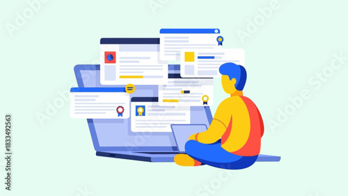 Illustration of a person sitting in front of a laptop displaying various social media profiles, demonstrating online interaction and digital communication