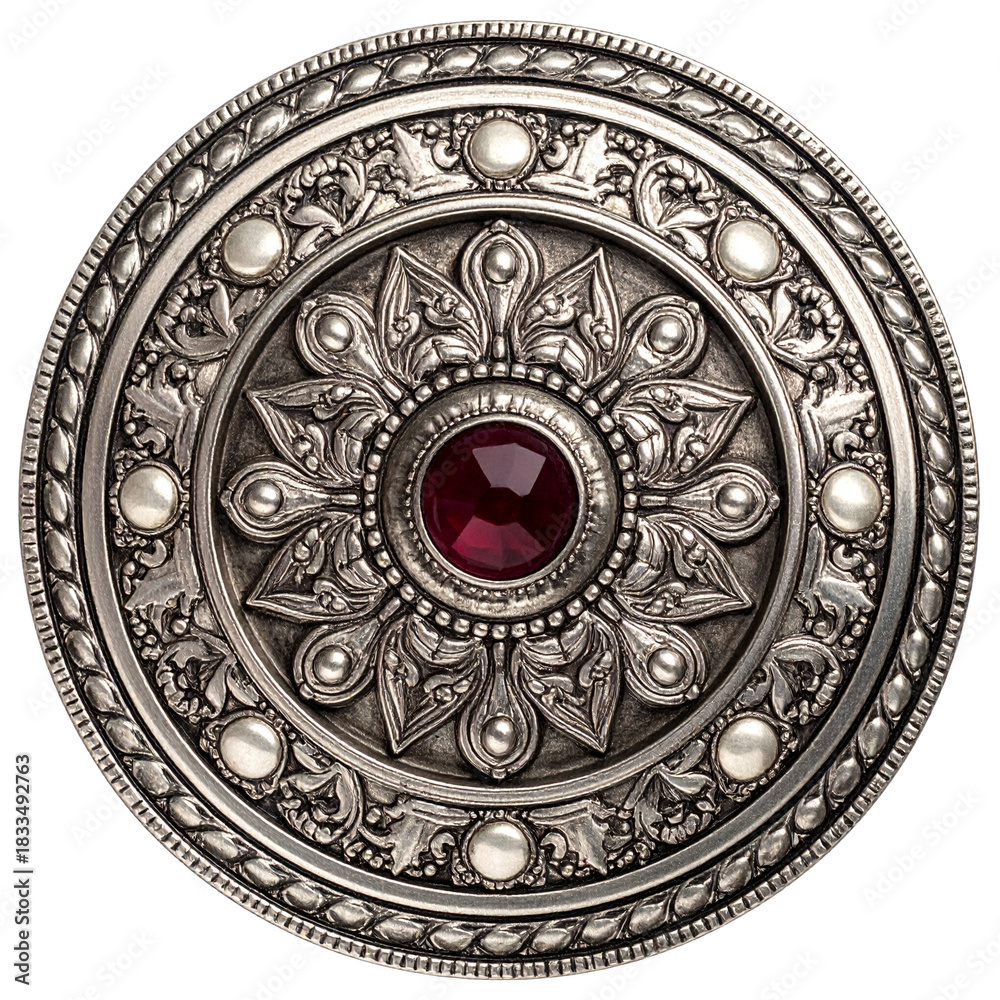 Obraz premium Silver ornament with large central red gemstone on transparent background