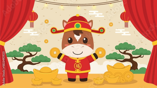 Chinese New Year Horse Celebrating With Gold Coins and Wealth Symbols