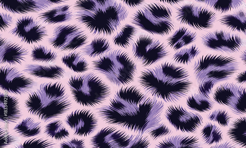 Seamless purple leopard animal print with realistic fur texture, a stylish and wild skin pattern for fashion and design