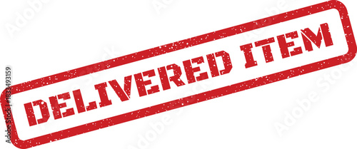 Distressed grunge rubber stamp icon with DELIVERED ITEM signifying successful receipt of a shipped product or article