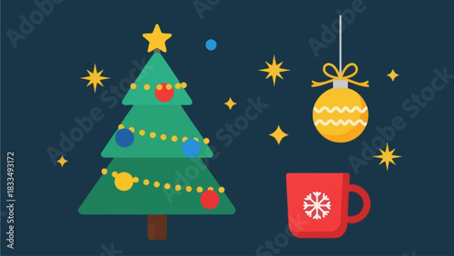 Festive Christmas Tree with Ornaments and Hot Beverage in a Mug, Perfect for Holiday Greetings and Winter Celebrations