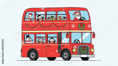 Festive double-decker bus filled with holiday cheer, featuring Santa, penguins, and a snowman, decorated with Christmas lights and a wreath
