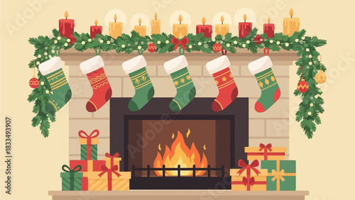 Festive Christmas fireplace adorned with stockings, garlands, and gifts, creating a warm and cozy holiday atmosphere