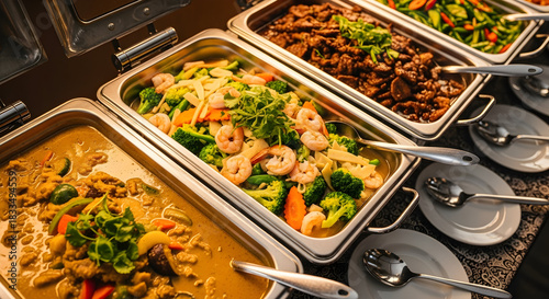 Delicious Asian Buffet with Various Dishes including Shrimp and Curry