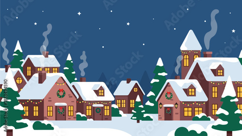 Cozy Winter Village Scene with Snow-Covered Houses, Evergreen Trees, and Festive Lights Under a Starry Night Sky