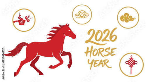 Happy Chinese New Year 2026 The Year of the Red Horse With Traditional Decorations