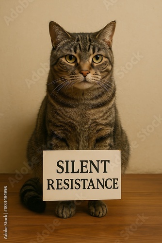 Tabby cat holding protest sign against plain neutral background