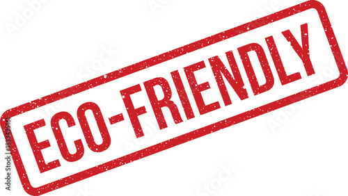 Distressed red rubber stamp featuring ECO FRIENDLY text, designed with an authentic textured grunge effect