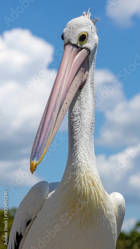 Australian Pelican Portrait Against a Blue Sky.
