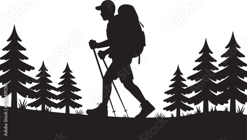 silhouette hiker climbing a mountain, featuring a backpacker in an adventurous pose against a rugged peak.