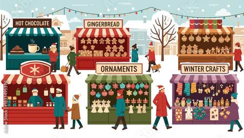 Festive outdoor Christmas market stalls selling hot chocolate, gingerbread, ornaments, and winter crafts with shoppers browsing and enjoying the holiday atmosphere
