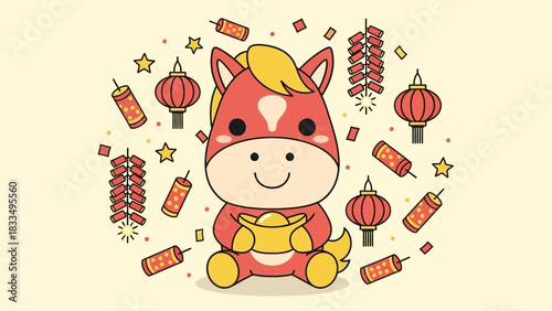 Festive Horse Character Surrounded by Chinese New Year Decorations and Fireworks