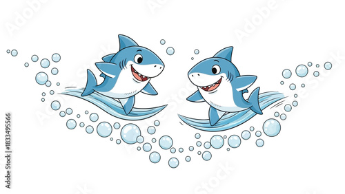 Charming Illustration of Two Cartoon Sharks Riding Waves Amidst Bubbles in a Whimsical Setting