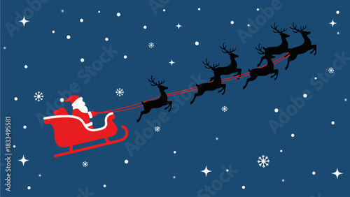 Santa Claus Riding His Sleigh Pulled By Reindeer Through a Snowy Night Sky