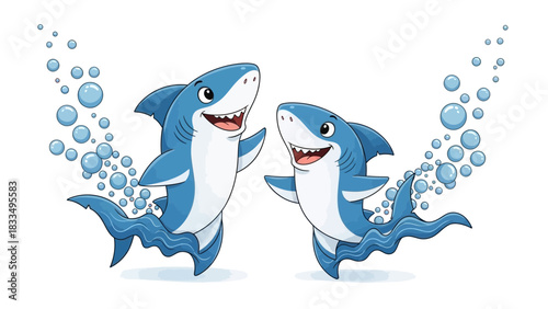 Cheerful cartoon shark duo with bubbly trails evokes playful underwater adventure