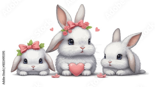 Charming illustration of three adorable bunnies with pink accessories conveying love and affection