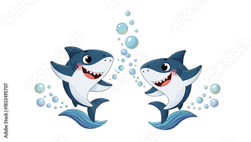 Two Adorable Cartoon Sharks Smiling and Playing with Bubbles Underwater Illustration
