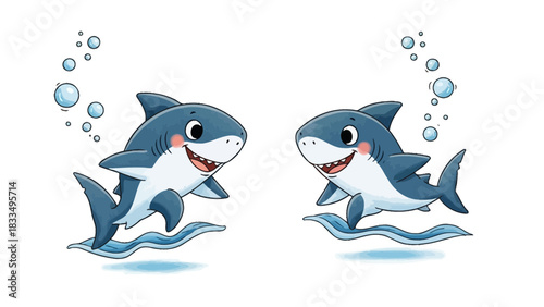 Two adorable cartoon sharks smiling happily above playful sea waves illustration