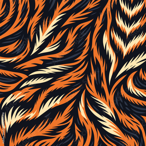Flowing abstract animal fur design, a seamless and stylized skin texture with vibrant orange and black organic patterns